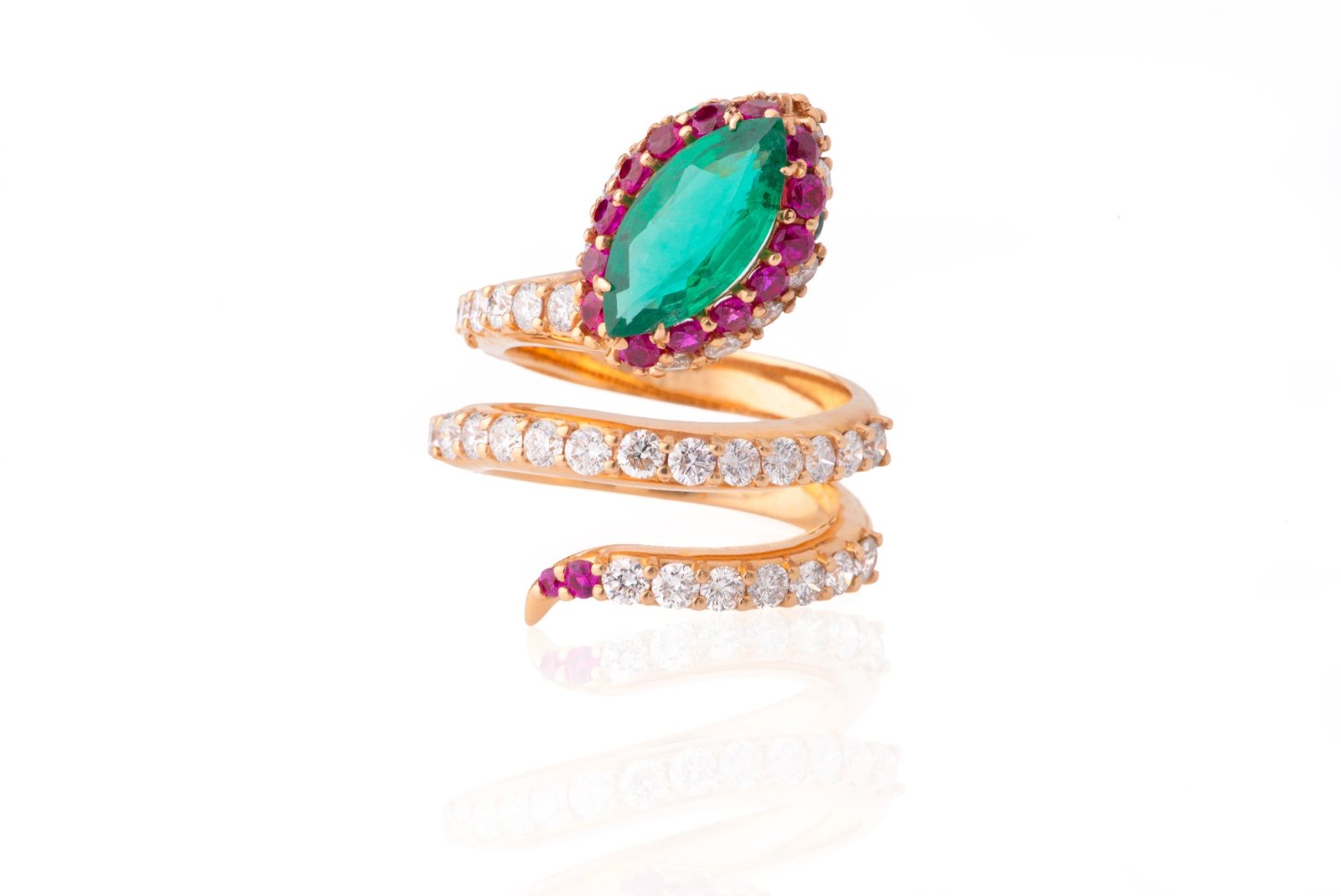18K Gold Snake Ring with Emerald, Rubies, and Natural Diamonds