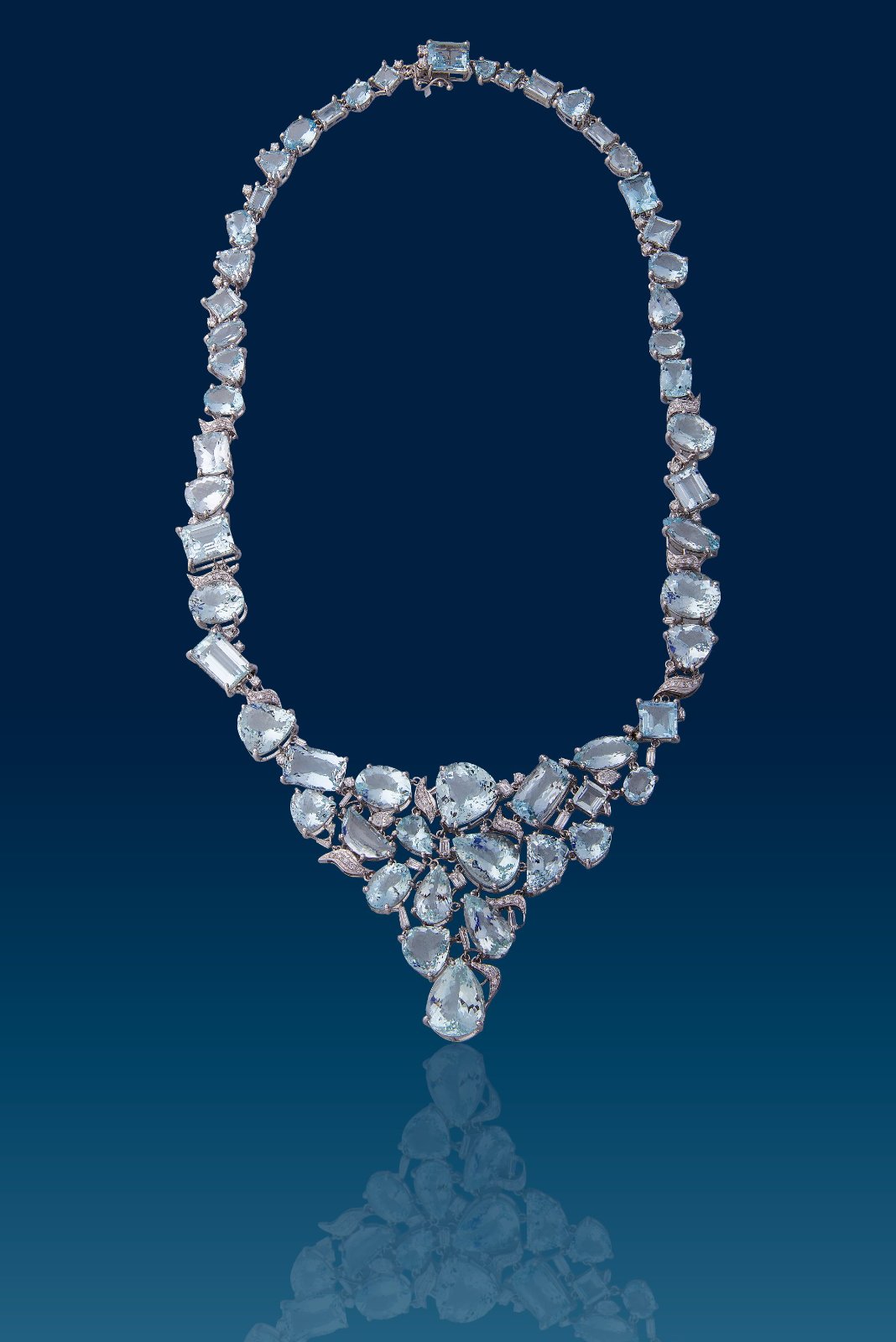 18K White Gold Necklace set with Natural Diamonds and a Cascade of Aquamarines