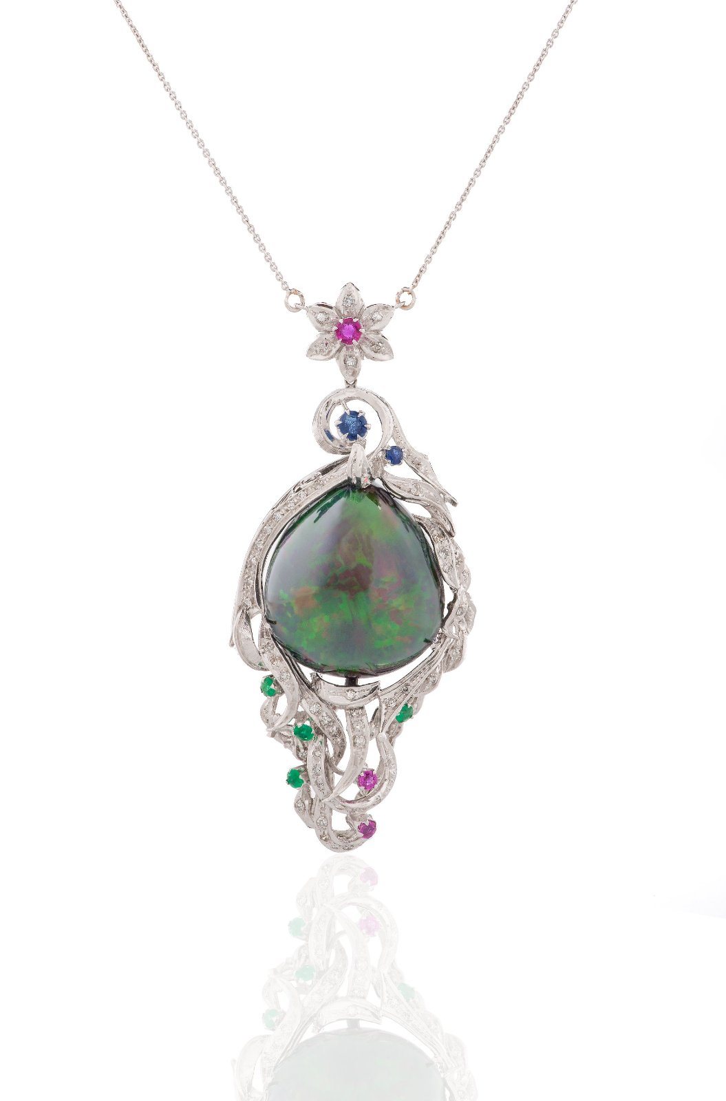 18K White Gold Necklace with an Exceptional Australian Black Opal, Natural Diamonds, Sapphires, Rubies, and Emeralds