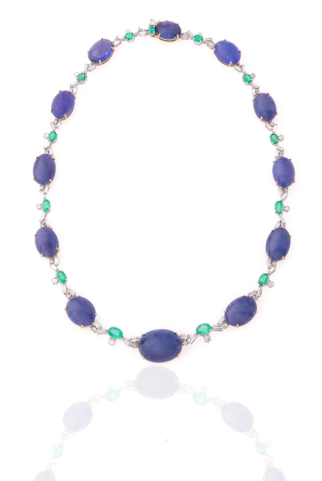 18K White Gold Necklace with Tanzanite, Natural Diamonds, and Emeralds